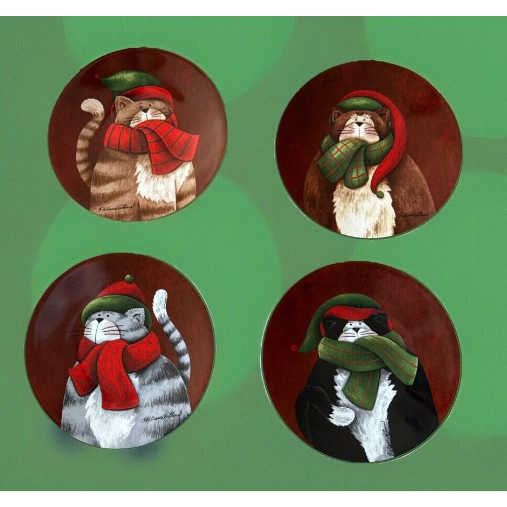 4 Casa Moda Cuddly Kitties Salad Plates Danny O Wild Apple Cats in Hats Scarves